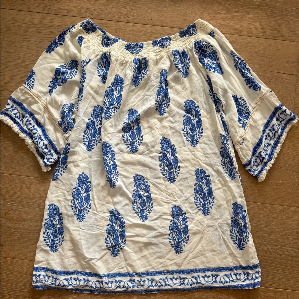 Kori White and Blue Floral Blouse/Swim Cover up/dress